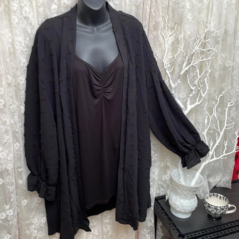 Deep Black Sheer Swiss Dot Kimono Cardigan Blouse - Picture 2 of 9